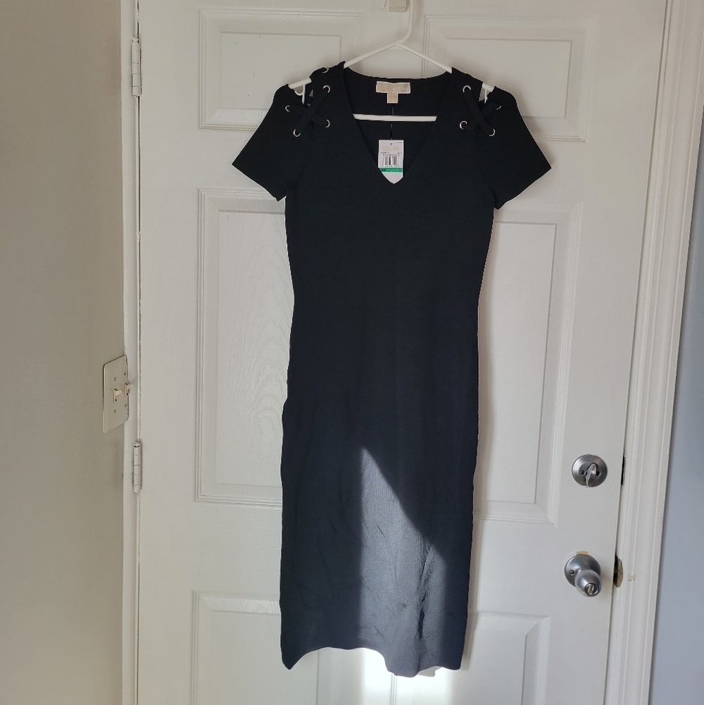 Michael Kors Black Midi Dress with Lace-Up Shoulders